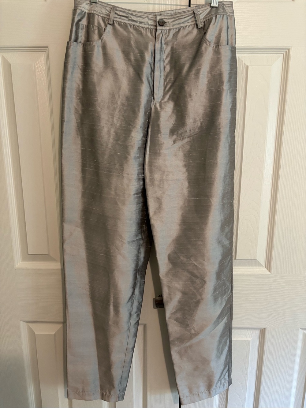 VTG 90s Dana Buchman Silver Raw Silk Shantung 5-Pocket Pants Lined 10